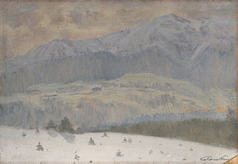 Winter Day in the High Tatras by Ferdinand Katona, oil painting depicting snowy mountains and a serene sky.