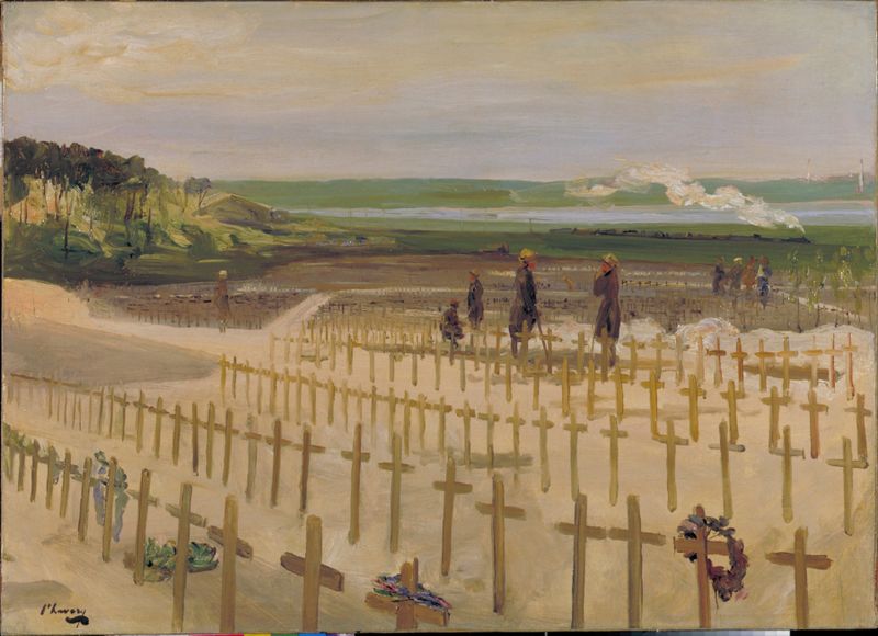 The Cemetery, Etaples, 1919 by Sir John Lavery, oil on canvas depicting a somber landscape.