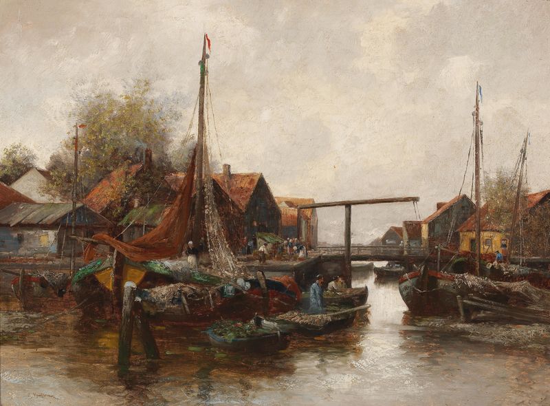 Escena marina de Adolf Kaufmann, pintura al óleo que representa un vibrante puerto con reflejos de luz solar.