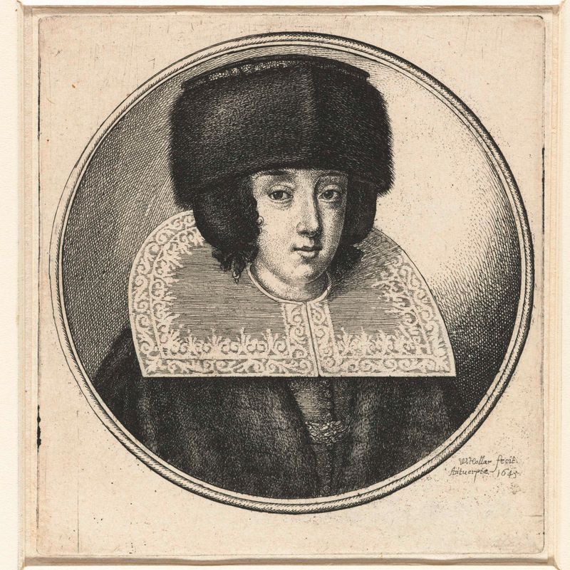 Retrato de una mujer con un collar de encaje y un sombrero de piel, grabado de Wenceslaus Hollar