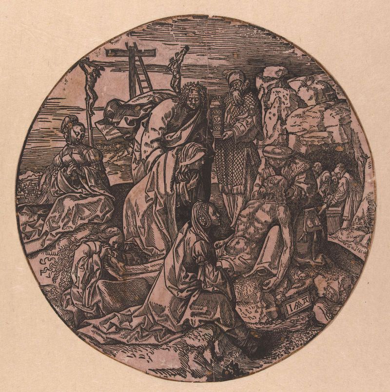 Oil on panel by Jacob Cornelisz van Oostsanen depicting Christ's funeral with mourners.