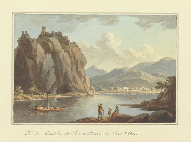 Castelo de Schrecstein no Elba por John Warwick Smith, pintura a óleo que retrata uma paisagem fluvial.