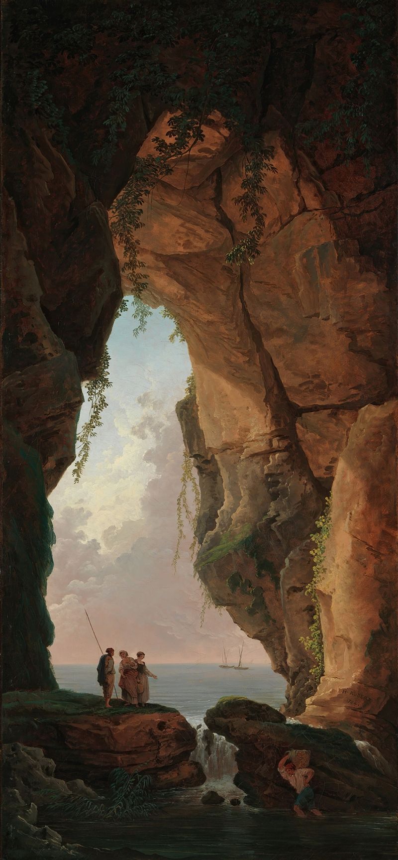 La Boca de una Cueva, óleo sobre lienzo de Hubert Robert, luz del sol iluminando una cueva rocosa.