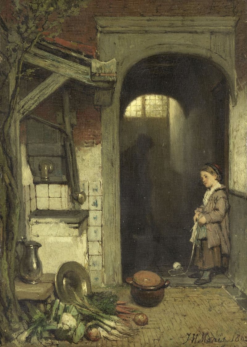 Escena interior de Small Courtyard de Jacob Maris, mostrando luz del sol sobre los adoquines.
