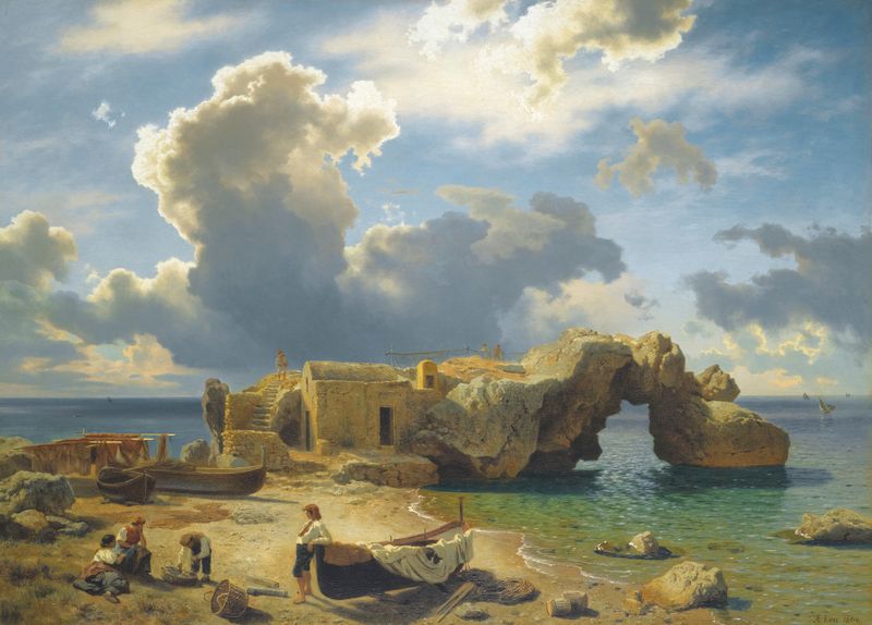 Marine scene with water reflections, cliffs, and vibrant colors by August Wilhelm Leu, oil painting