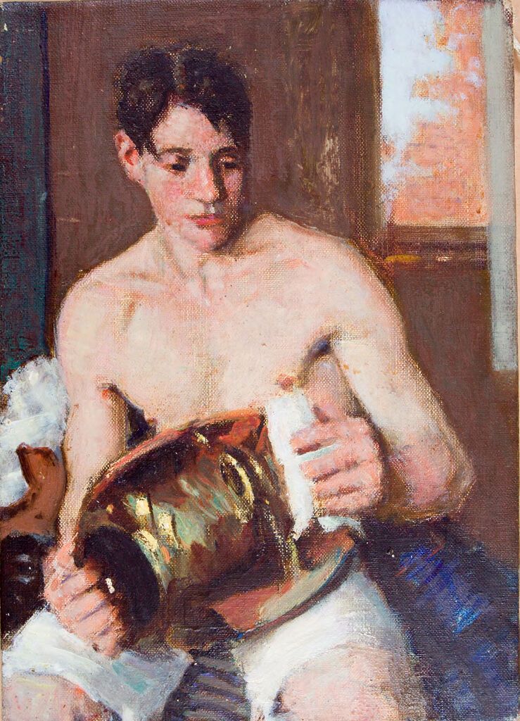 Retrato de un niño sosteniendo una olla de latón, óleo de Denman Waldo Ross