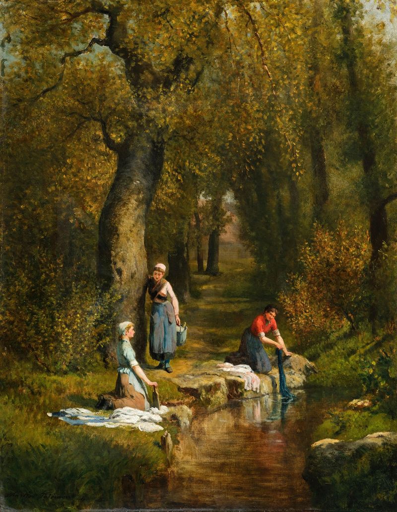 Lavadeiras em uma paisagem, pintura a óleo de Adolphe Théodore Jules Martial Potémont