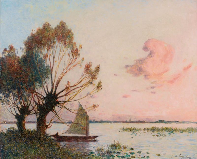 Sailboat on a tranquil marsh, oil painting by Ferdinand du Puigaudeau