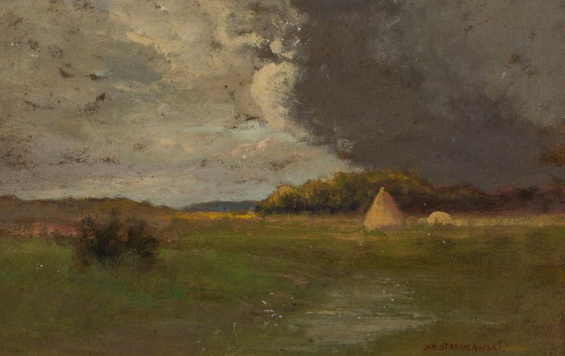 Paisagem com um fardo de feno de Jan Stanisławski, pintura a óleo de uma cena rural tranquila.
