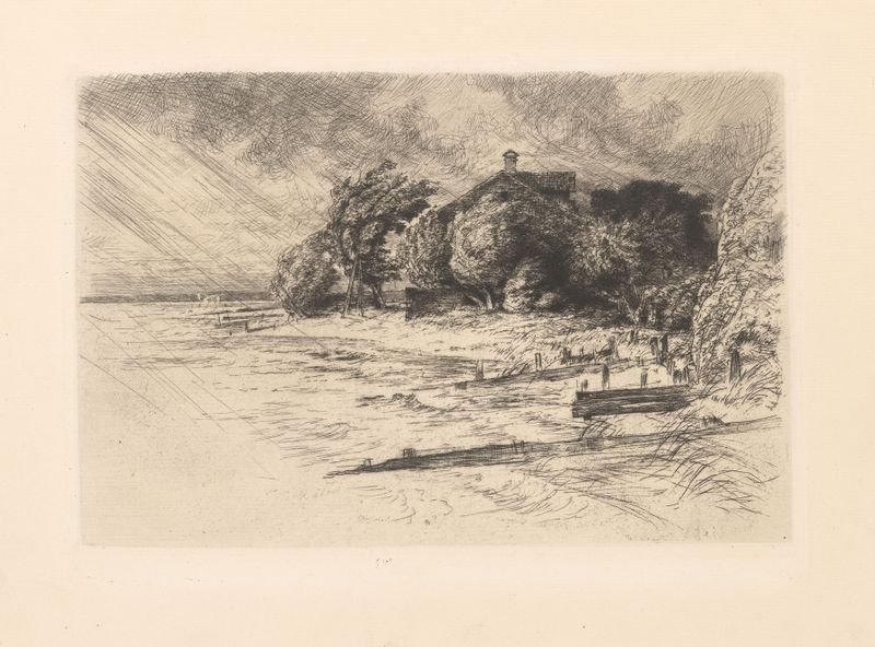 Casa em paisagem tempestuosa por Peter von Halm, pintura a óleo