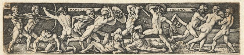 Grabado de Hans Sebald Beham que representa una escena de batalla caótica con guerreros