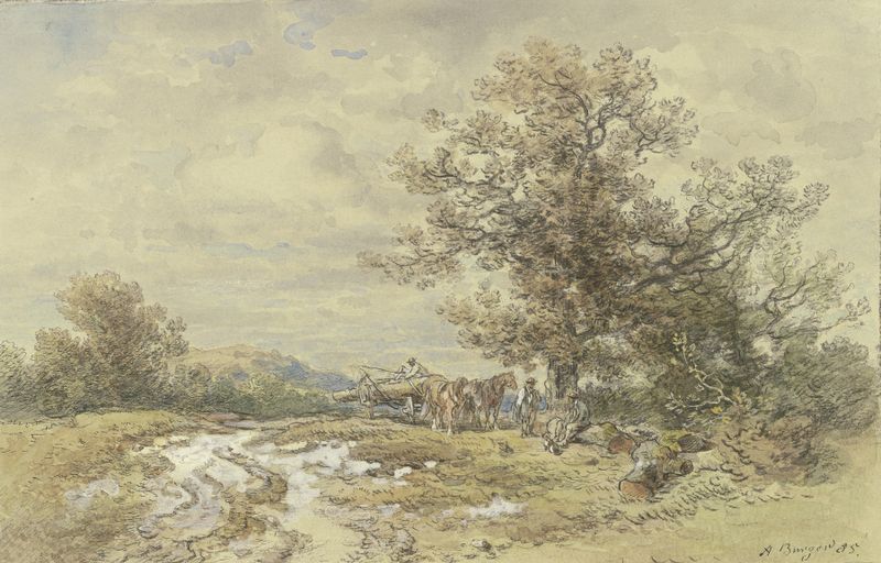 Landschaft mit hohem Baum und Holzfuhrwerk de Anton Burger, pintura a óleo com uma árvore imponente e um carro de madeira.