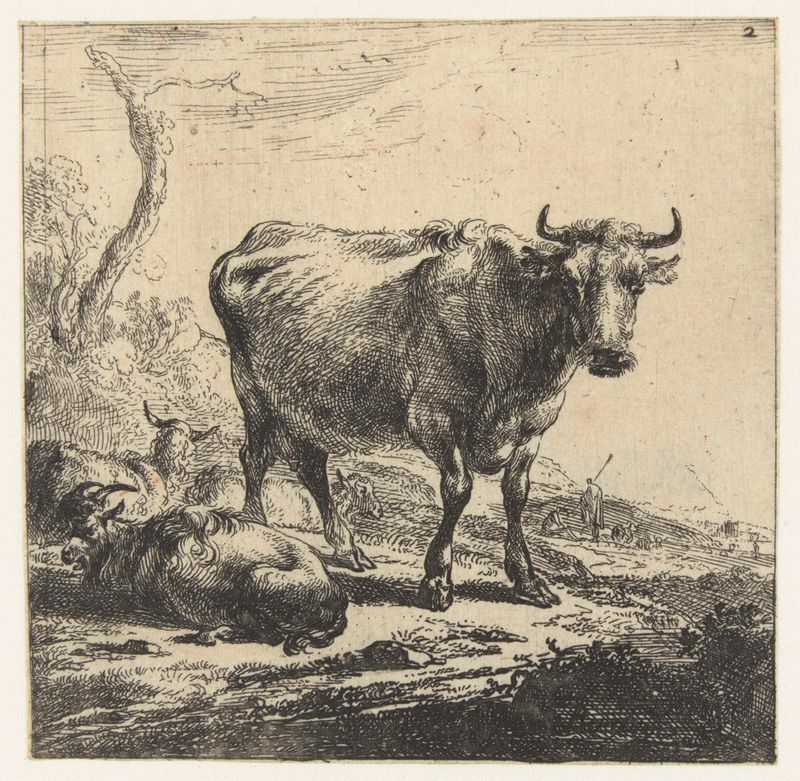 Grabado de una vaca solitaria en un paisaje de Nicolaes Pietersz Berchem