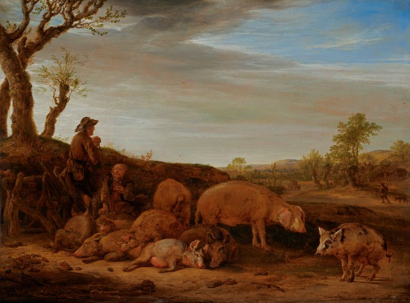 A Landscape with a Herd of Pigs by Paulus Potter, oil painting depicting pigs and a swineherd in a lush landscape.