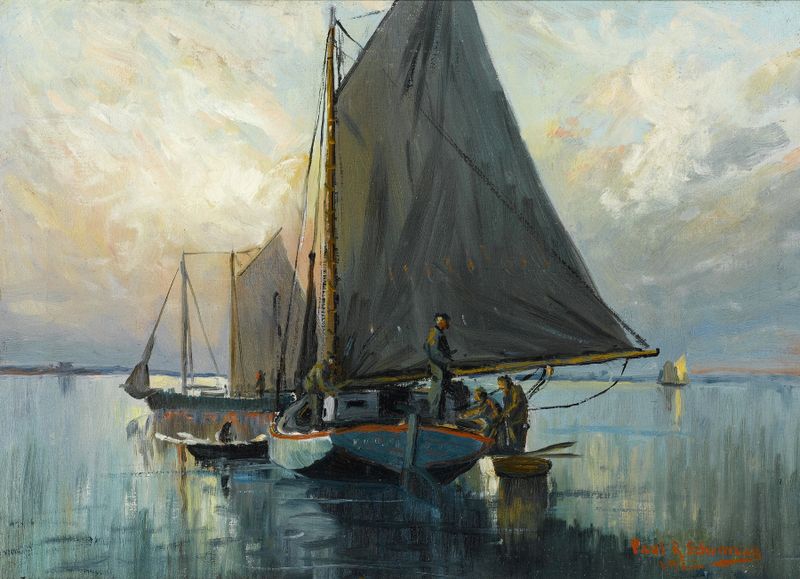 Gulf Coast Scene de Paul Richard Schumann, óleo sobre lienzo que representa una serena costa.