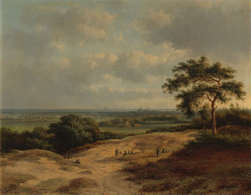 Landschap bij Bergen met legerkamp de Bernardus Gerardus ten Berge, pintura a óleo que retrata um acampamento militar em u...