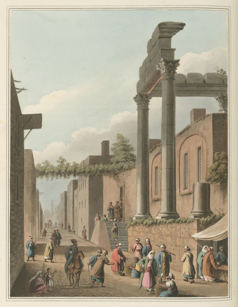 Gravura de Luigi Mayer mostrando uma mesquita e um minarete sob um céu claro