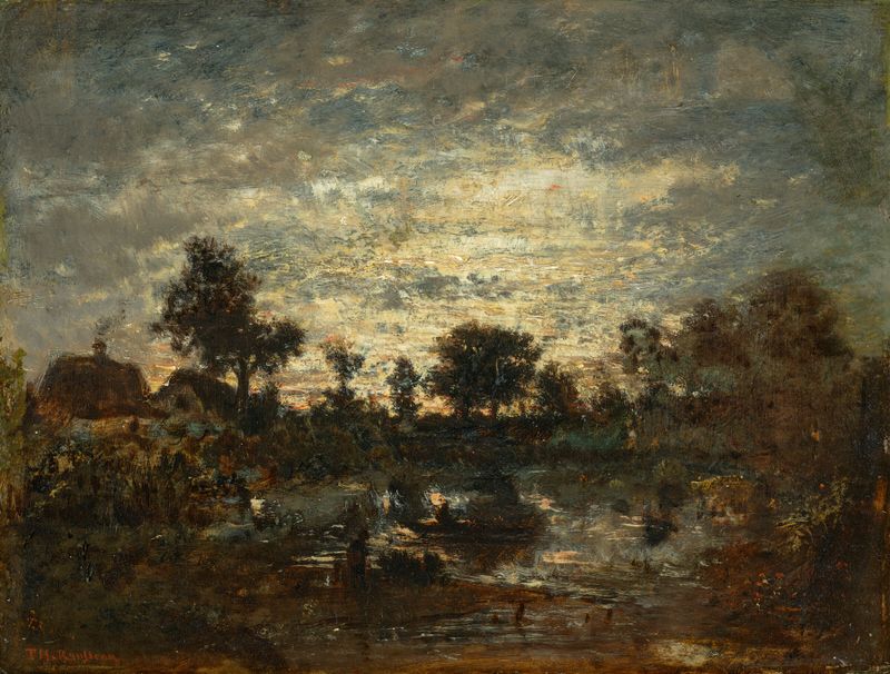 L’étang, coucher de soleil de Théodore Rousseau, pintura al óleo que representa un atardecer sobre un estanque tranquilo.