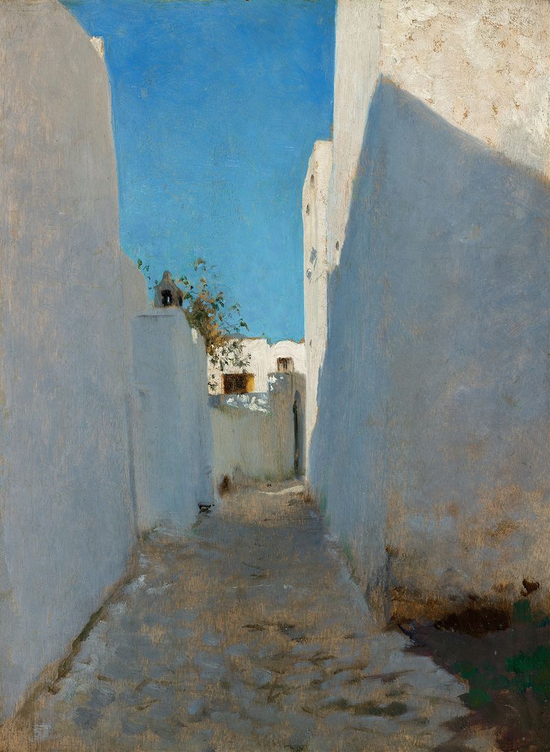 A Moroccan street scene with sunlight on ochre buildings, oil on canvas by John Singer Sargent.
