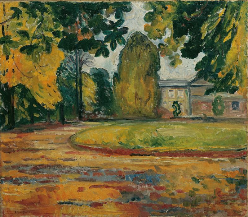 Park in Kösen de Edvard Munch, óleo sobre tela que retrata uma paisagem vibrante com árvores e luz do sol.