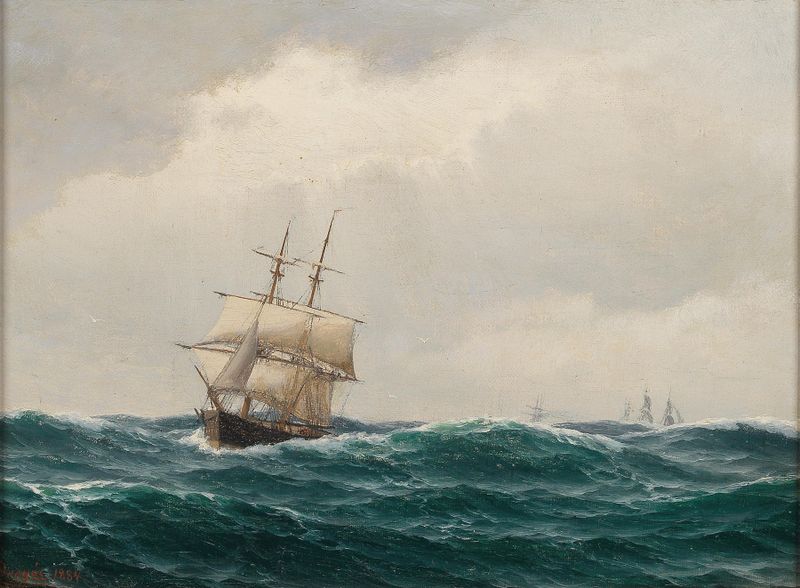 Maritime painting II by Carl Emil Baagøe, depicting waves and horizon in an unknown medium.
