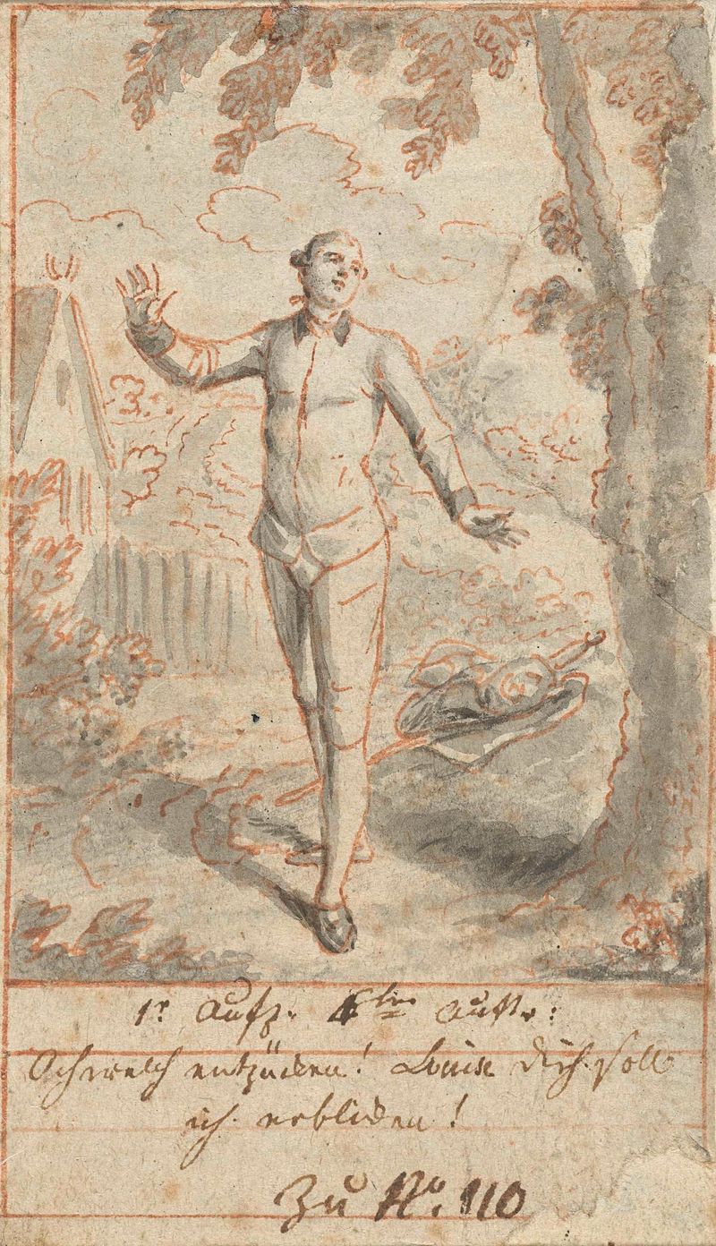 Engraving by Daniel Nikolaus Chodowiecki depicting Alexis under a linden tree.