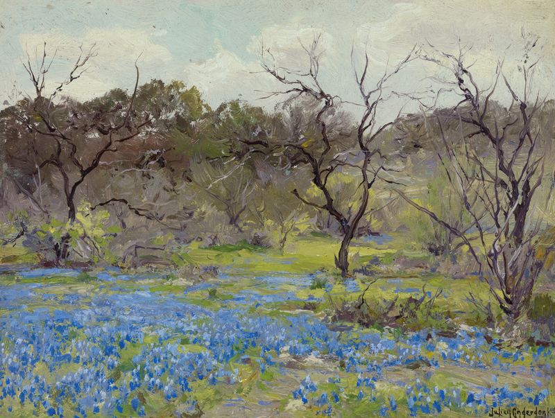 Early Spring—Bluebonnets and Mesquite by Julian Onderdonk, oil painting featuring bluebonnets and mesquite trees.