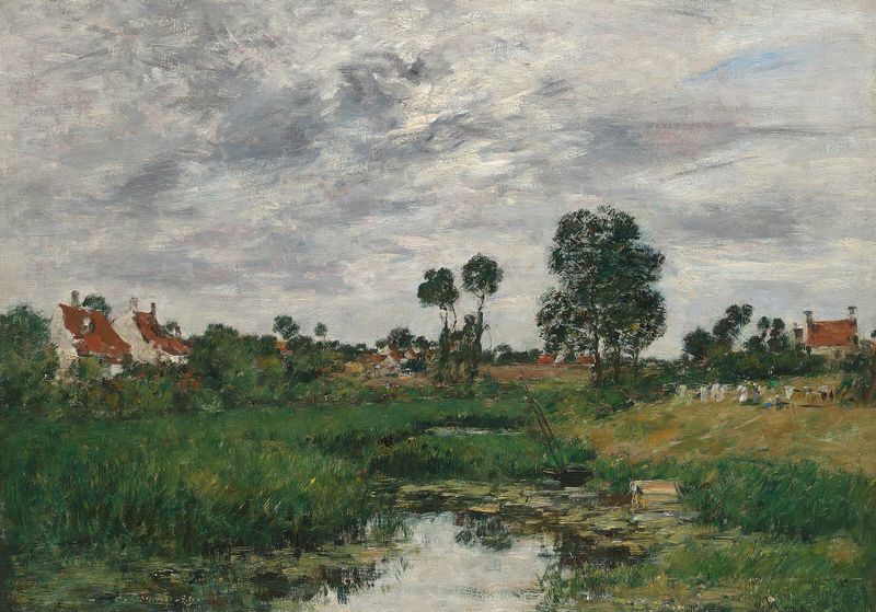 La maison du fermier, environs de Dunkerque de Eugène Boudin, óleo de una granja rural.