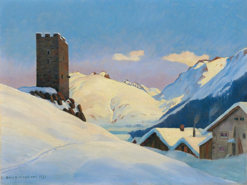 Paisaje invernal con montañas cubiertas de nieve de Hans Beat Wieland, óleo sobre lienzo
