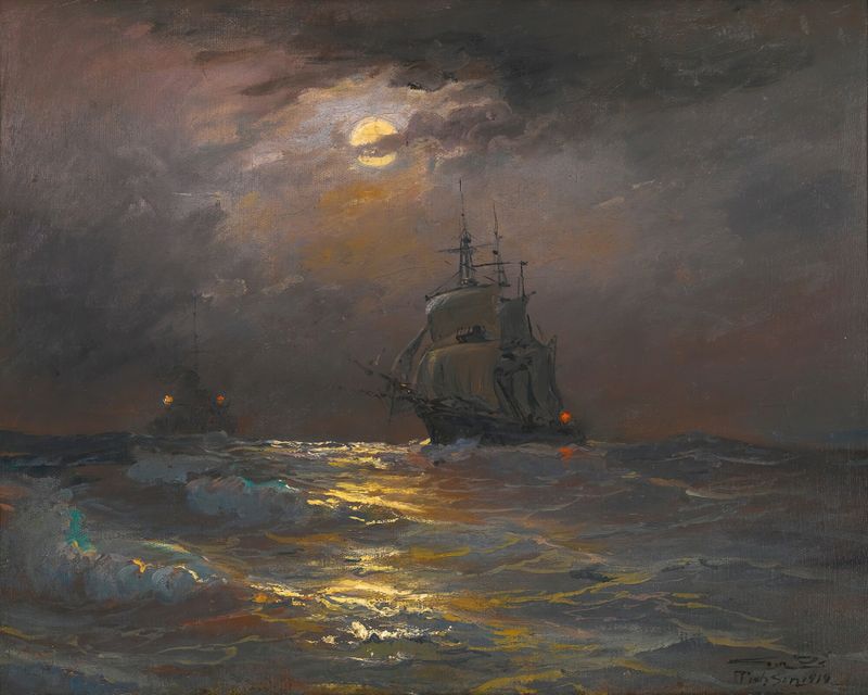 Cena marinha com luz da lua e ondas de Diyarbakirli Tahsin