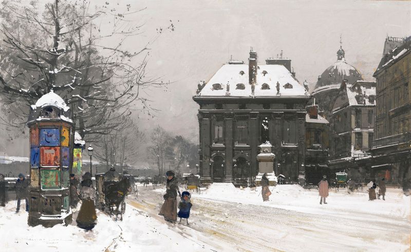 Les Quais De La Seine de Eugène Galien-Laloue, óleo sobre lienzo que representa un paisaje invernal.