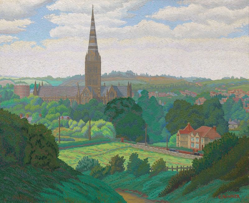 Salisbury by Charles Ginner, modernism, depicting a cathedral spire against a pale blue sky.