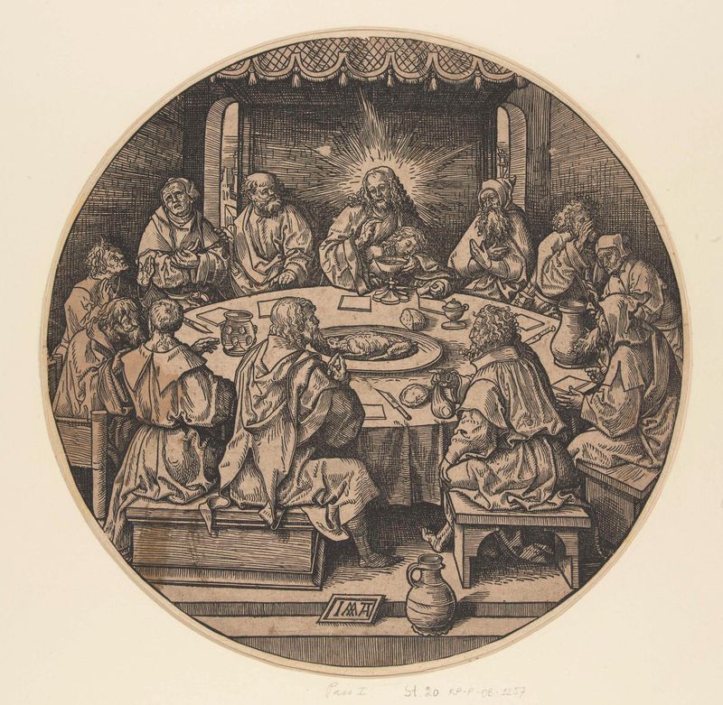 Het Laatste Avondmaal de Jacob Cornelisz van Oostsanen, obra em papel mostrando discípulos em uma mesa.