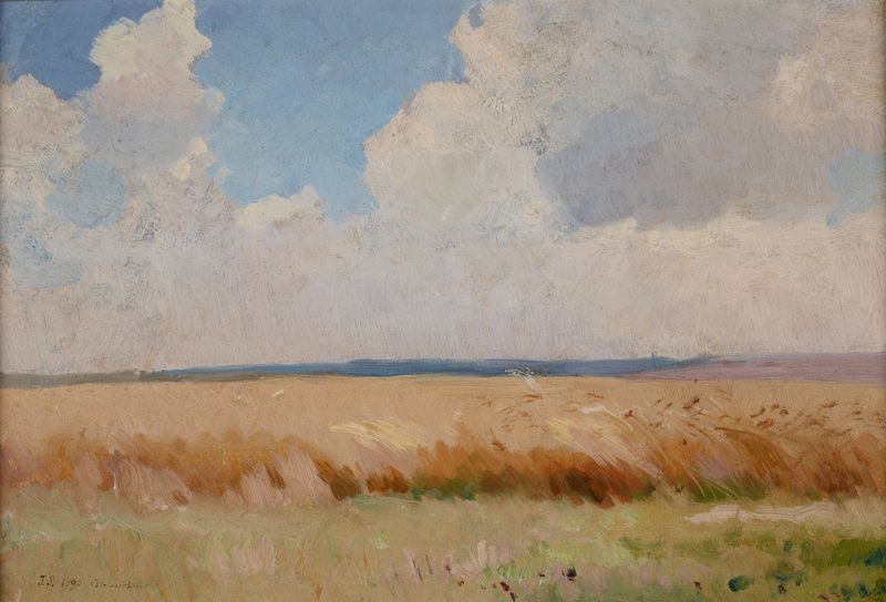 Field at Białocerkiew by Jan Stanisławski, oil painting depicting a serene landscape with golden light.