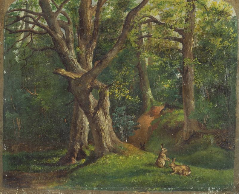 Woodland scene with rabbits, oil on canvas by Sir Hubert von Herkomer