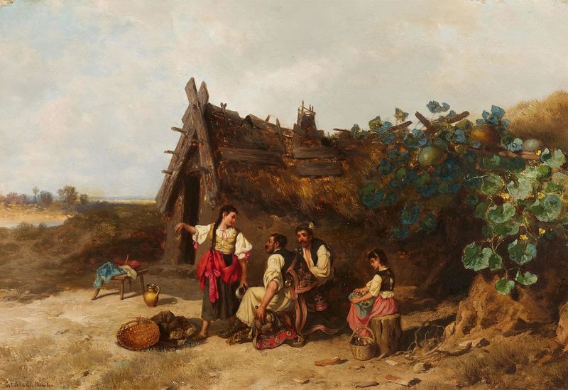 Hungarian farmer holding a bowl of stew, oil painting by Paul Böhm