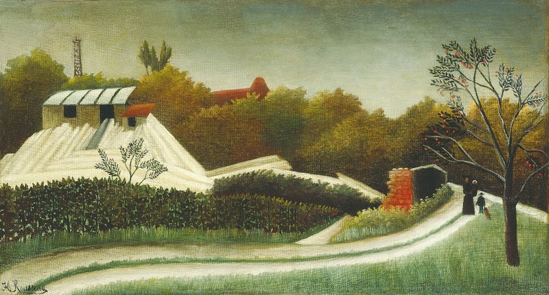Sawmill, Outskirts of Paris by Henri Rousseau, oil on canvas depicting a moss-covered sawmill.