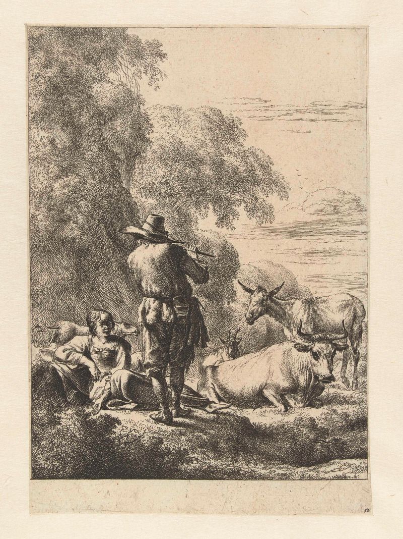 Etching by Nicolaes Pietersz Berchem of a shepherd playing a flute in a landscape.