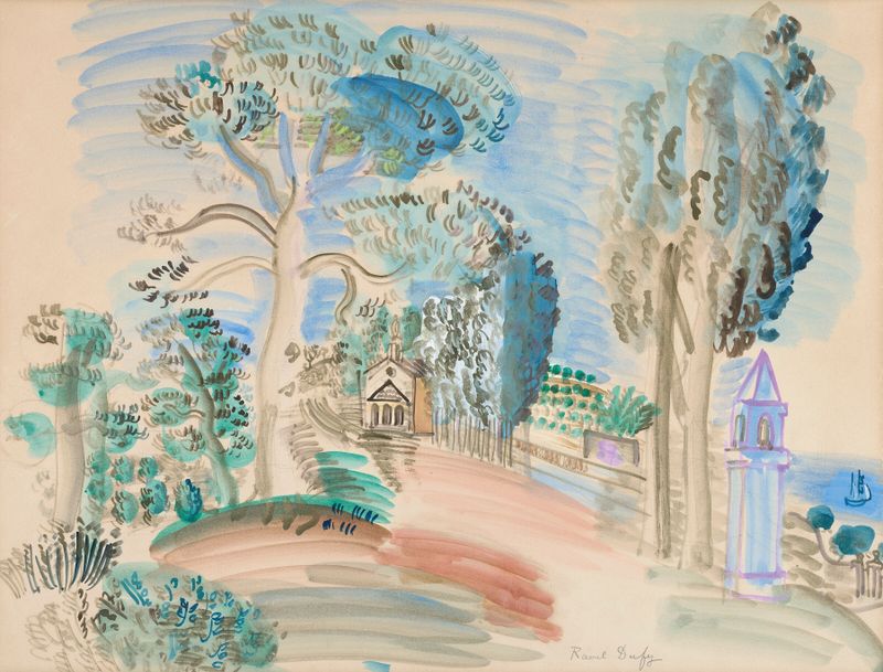 La Chapelle à Golfe Juan de Raoul Dufy, pintura al óleo que representa una capilla mediterránea.