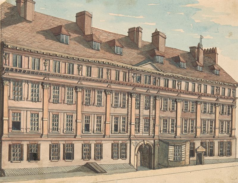 Furnival’s Inn by Samuel Ireland, oil on canvas, depicts a twilight scene with shadows on the facade.