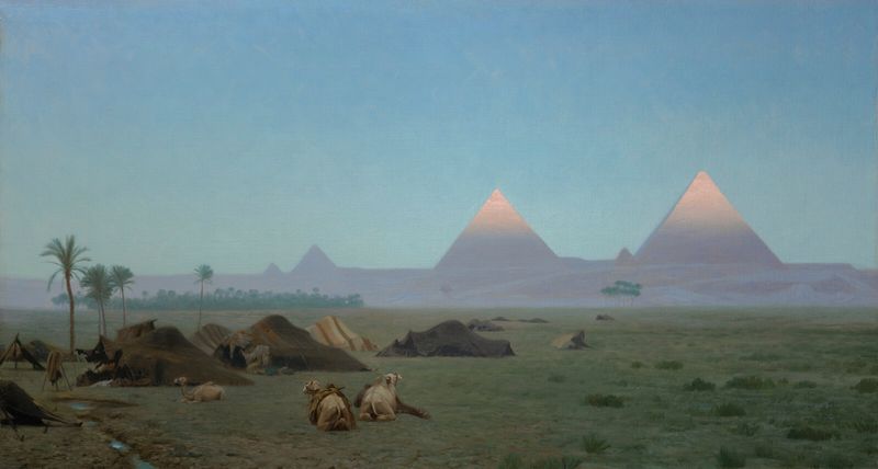 El Primer Beso del Sol, óleo sobre lienzo de Jean-Léon Gérôme, que representa un amanecer sobre un paisaje.