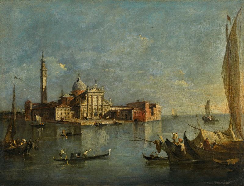 Pintura rococó de Francesco Guardi retratando San Giorgio Maggiore ao pôr do sol