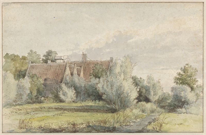Huis tussen bomen de Arnoldus Johannes Eymer, Romantismo, retratando uma casa entre árvores com luz suave e sombras.