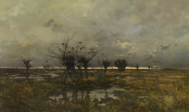 Evening in the Limburg Kempen by Joseph Théodore Coosemans, oil painting depicting a twilight landscape