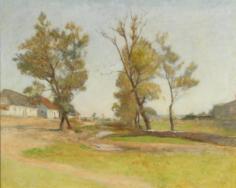 Landscape depicting a village with golden light, by Franz Rumpler.