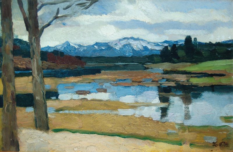 Kampenwand (Chiemsee) by Leo Putz, oil on canvas depicting a tranquil lake and mountains