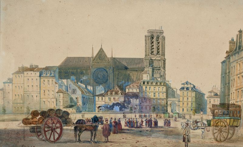 Notre-Dame et le pont d’Arcole vus de la place de l’Hôtel de Ville en 1845 by Henri Jean Baptiste Levis, unknown medium