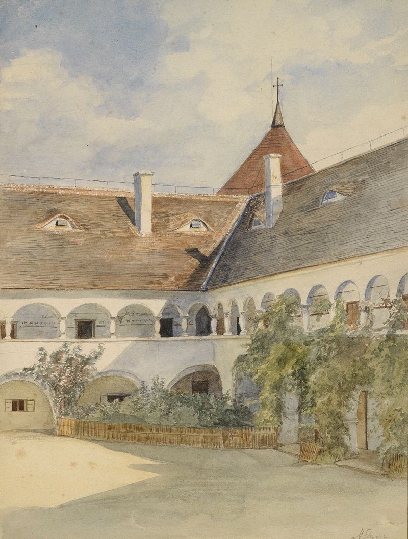 Escena arquitectónica con arcos y luz, pintura al óleo de Marie Egner