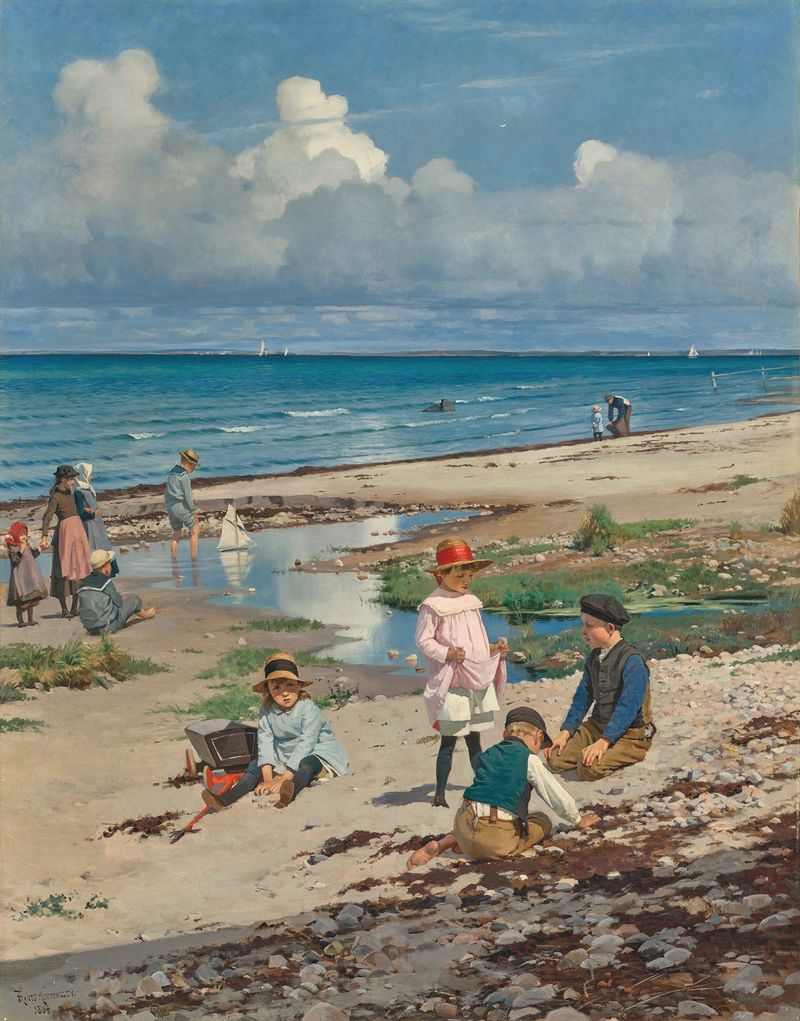 Genre scene of children playing on Hornbæk Beach, oil painting by Frants Henningsen