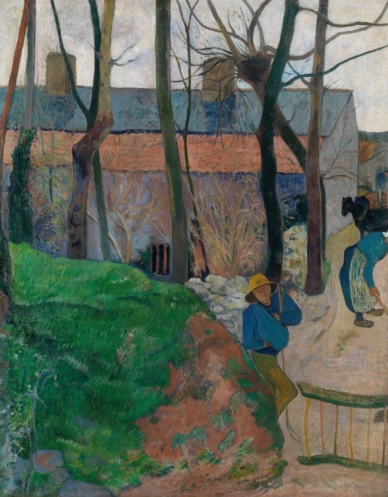 Häuser in Le Pouldu de Paul Gauguin, óleo sobre lienzo, muestra casas coloridas en un pueblo costero.